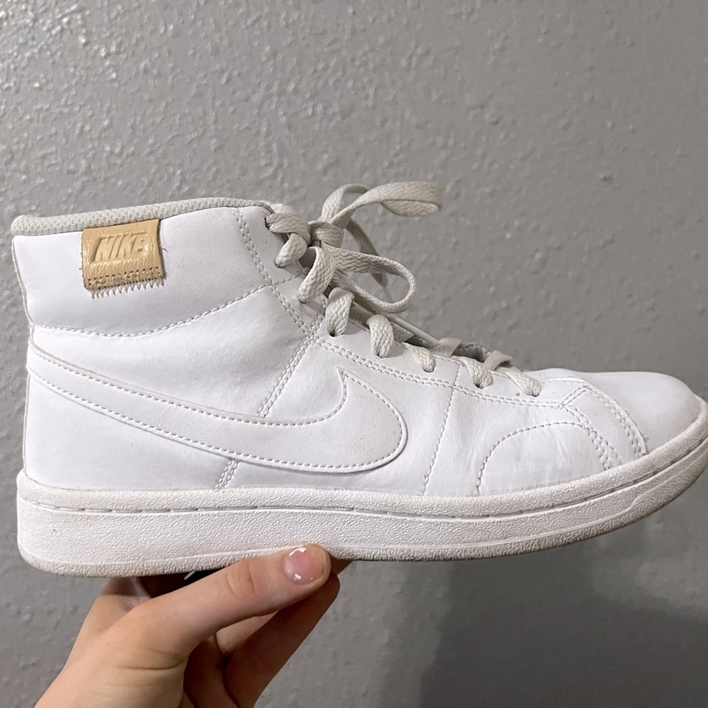 Nike White High-Top Sneakers with Tan Logo Patch